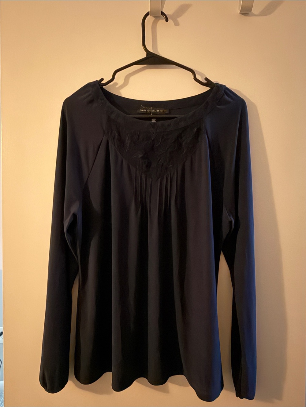 White House Black Market Navy Long-Sleeve Lace Yoke Top